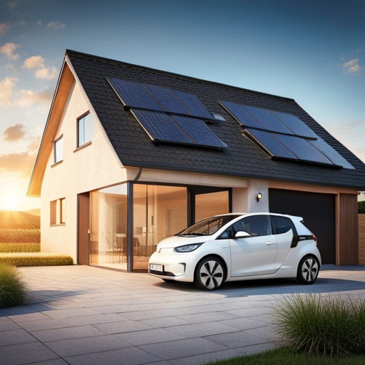 Ein BMW i3 parkt vor einem Haus mit Solarpaneelen.