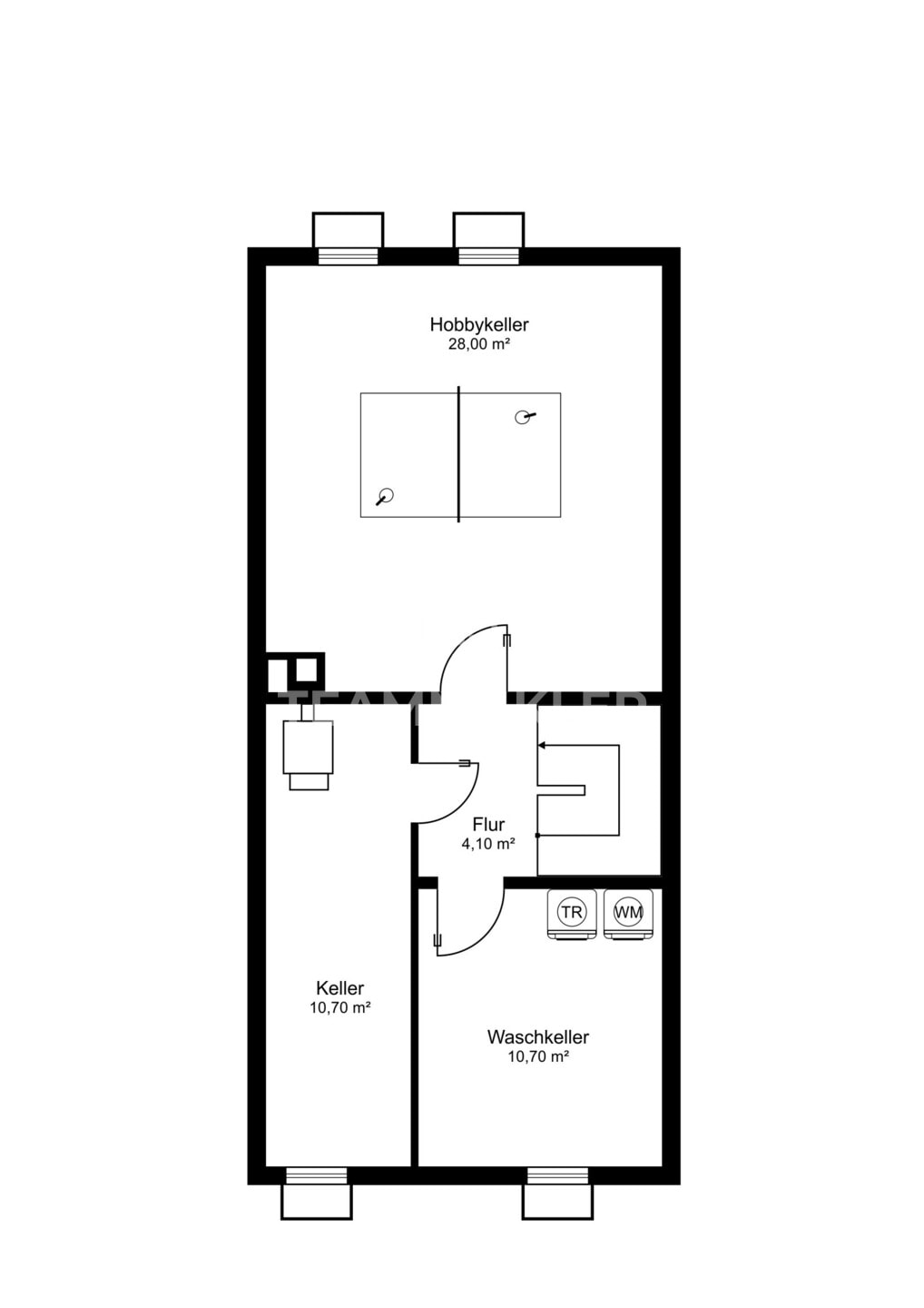 Ein Grundriss einer Zweizimmerwohnung in einem Endreihenhaus mit Keller.