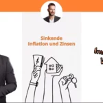 links steht ein mann und erklärt die entwicklung an den immobilienmärkten. in der mitte ist sind hände zu sehen, die stellvertretend für inflation und zinsen, geldscheine, ein haus und einen schlüssel in der hand halten