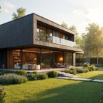 Modernes zweistöckiges Haus mit großen Glasfenstern und gepflegtem Garten bei Sonnenuntergang, beschreibt Immobilientrend für Hamburg und Schleswig-Holstein 2025.