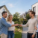 Vier Erwachsene stehen zwischen einem Einfamilienhaus und einer modernen Stadtvilla und übergeben sich symbolisch einen Schlüssel als Zeichen für einen Immobilientausch. | Immobilientausch